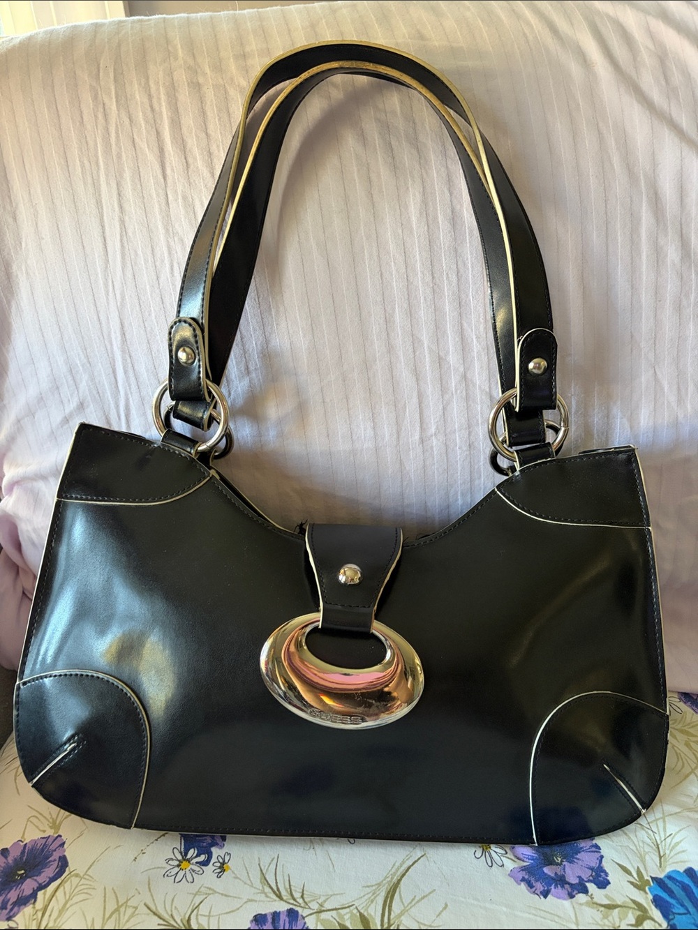 Guess Black Women’s Shoulder Bag with Silver Accent